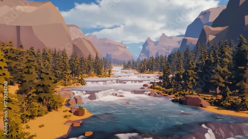 Low-poly river flowing through a mountainous forest landscape.