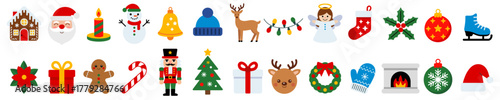 Holiday cheer set of 24 colorful vector Christmas icons with Santa Claus, snowman, reindeer, nutcracker, gifts, holiday decorations, winter mittens, fireplace and more