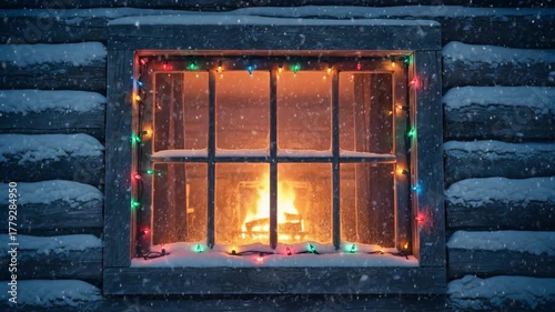 Rustic wooden cabin in the forest with falling snow. Christmas time