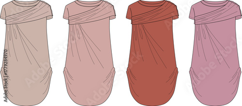 Vector fashion flat sketch set of a women's draped asymmetrical midi dress, apparel design template in four color options