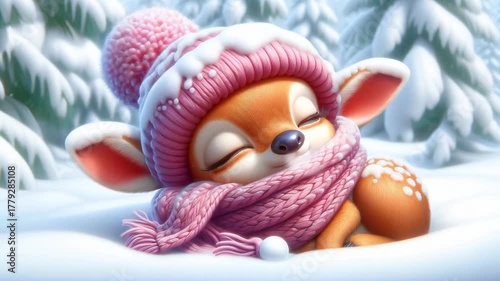 Funny 3D cartoon of an adorable deer sleeping in the snow