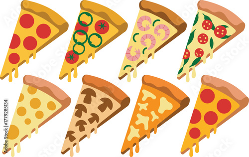 Flat Design Pizza Slices with Melting Cheese and Various Toppings Vector Set