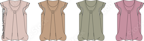 Vector fashion design flat sketches of a women's sleeveless blouson top with pleated front and gathered hem, shown in four colorways