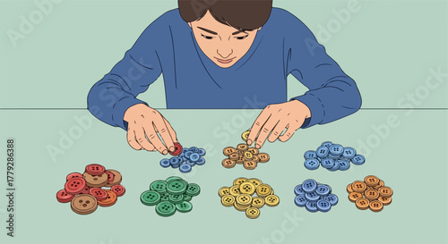 Person sorting buttons by color on a table