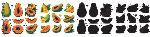 Set of vector and shilhouttes images of papaya fruit on white background