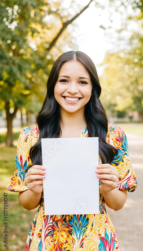 Happy young woman with long dark hair smiles while holding a blank white vertical paper sign in a sunny outdoor park, offering copy space for text.