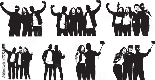 Group selfie silhouettes, people taking photos, smartphone poses, peace sign gesture, friends together, social media moment, selfie stick usage, modern lifestyle, black silhouette ial 