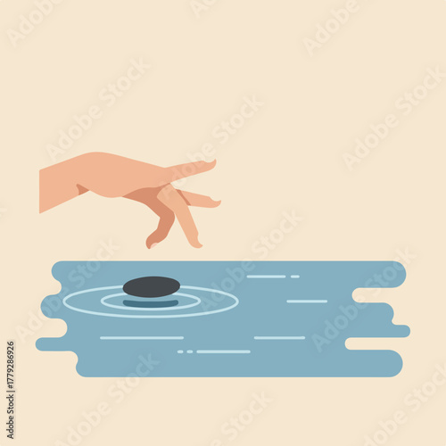 A hand reaching towards a pool with a single stone causing ripples. Simple flat illustration