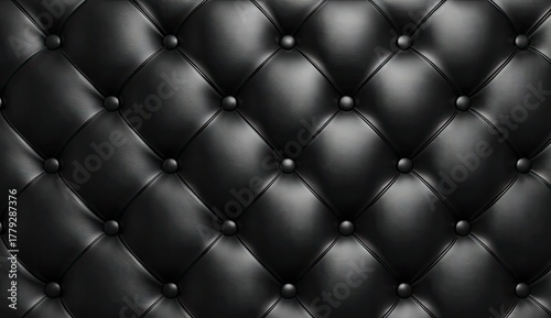 Close-up of black, padded leather with a tufted, diamond pattern and raised buttons