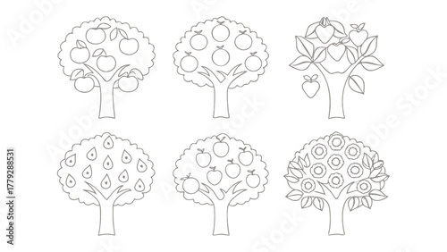 Fruit Trees: Line art of several fruit-bearing trees, each laden with different fruits, showcasing a bounty of nature's harvest.