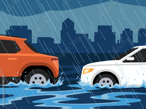 An illustration showing two vehicles caught in a flooded urban area due to heavy rainfall, highlighting environmental issues and the impact of climate change on cities.