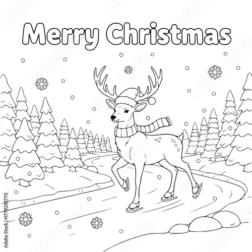 Deer skating on frozen river with “Merry Christmas,” coloring book page for toddlers Generative aI