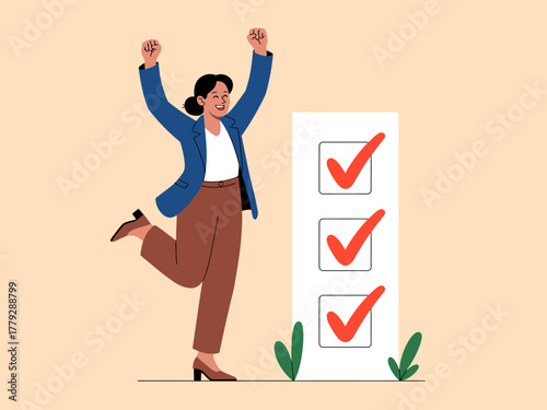 A cheerful businesswoman exuding joy and success while celebrating her achievements next to a checklist, symbolizing motivation and triumph in professional life.