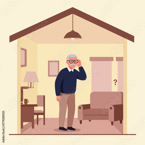 An older man stands inside a house, hand to his ear, listening intently. Illustration