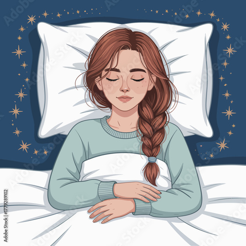 This image captures a serene scene of a girl peacefully sleeping in her cozy bed, accompanied by twinkling stars, evoking feelings of tranquility and comfort.
