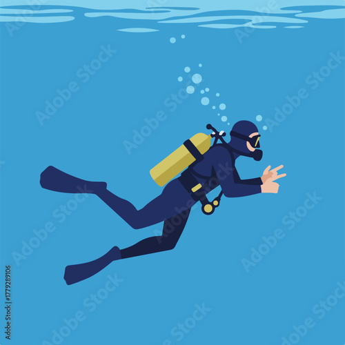Illustration of a scuba diver exploring the ocean depths, bubbles rising, the diver signaling with hand gesture