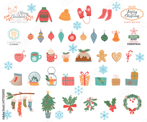 Cute Christmas set with sweaters, mittens, mugs, gifts, cookies, decorations, snowflakes, and holiday plants. Perfect for cards, stickers, wrapping paper, and festive design projects.