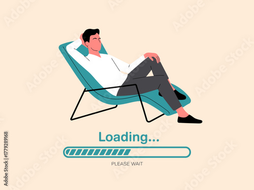 A calm man lounges in a chair, embodying relaxation and patience as a loading screen appears, representing the anticipation of waiting and tranquility in a modern context.