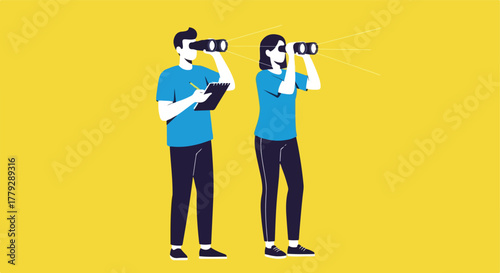 Two people using binoculars on a yellow backdrop