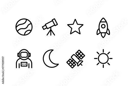 Space icons set: telescope, rocket, astronaut, planet, and celestial bodies in linear style