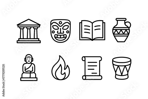 Classic line art icons: culture, history, and artifacts in minimalist style