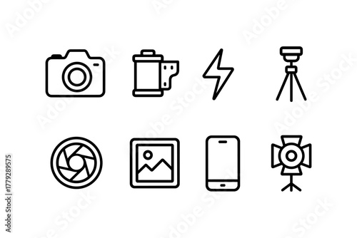 Minimalist photography icons set: camera, flash, tripod, frame, mobile