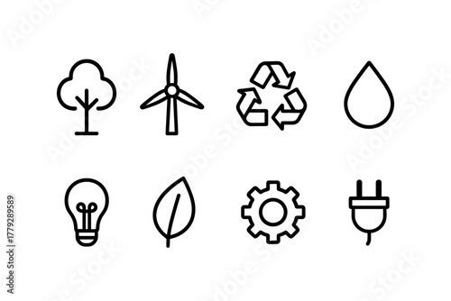 Eco-friendly icons: tree, wind turbine, recycling, water, bulb, leaf, gear, plug in black outline