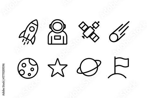 Space exploration icons: rocket, astronaut, satellite, meteor, moon, star, planet, flag in linear style