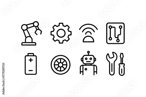 Collection of technology and robotics line icons featuring tools and innovation