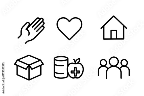 Essential humanitarian icons: community support and charity symbols in linear style