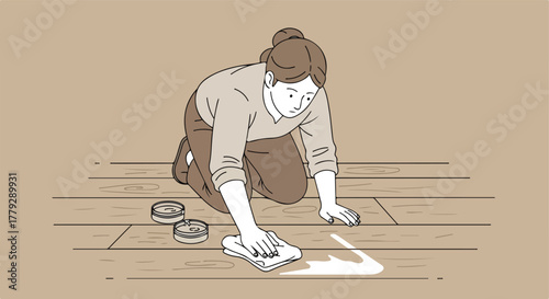 Woman on her knees cleans a wooden floor. Two cans are beside her
