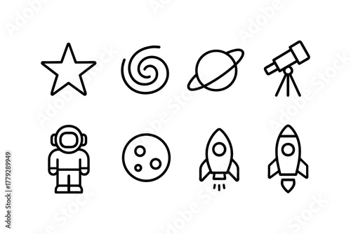 Minimalist space icons: astronaut, rocket, telescope, planet, star designs
