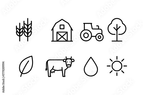 Simple farm and agriculture icons set: barn, tractor, cow, and nature elements in linear style