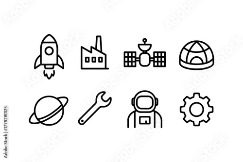 Space technology icons: rocket, satellite, astronaut, and tools in linear style