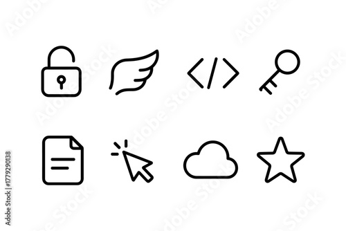 Minimalist icon set: security, development, and cloud themes in linear style