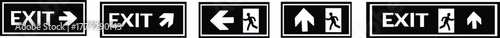 Emergency Exit Icon set. Vector illustration of running man and exit door sign. Escape and evacuation symbol. Various exit sign isolated white background. Evacuation of people to safety.