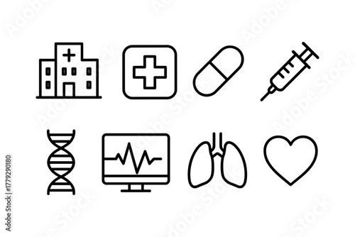 Minimalist healthcare icons: medical symbols and equipment in linear style