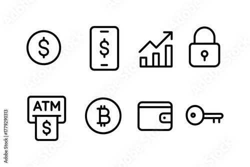 Minimalist financial icons: cryptocurrency, banking, security, and technology