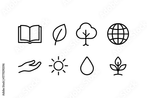 Eco-friendly linear icons: nature, sustainability, and global conservation symbols