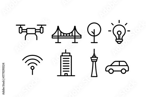 Minimalist smart city icons: drone, bridge, technology, tower, connectivity, vehicle
