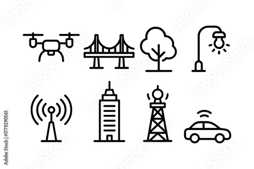 Urban technology and infrastructure icons in modern linear style