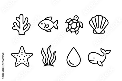Outline icons of marine life and sea creatures for ocean-themed designs