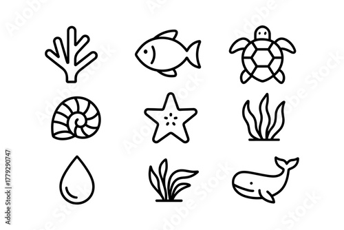 Minimalist outline icons of ocean life creatures and plants set