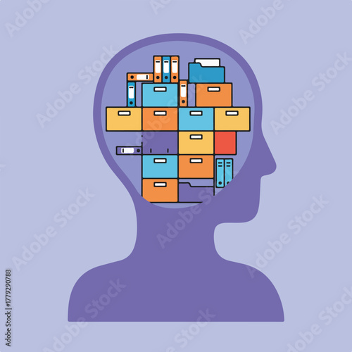 Silhouette head with internal filing cabinets, symbolizing information overload and thought processing