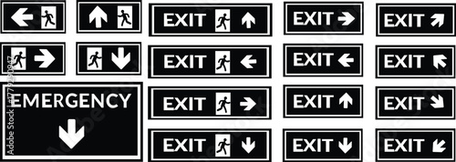 Emergency Exit Icon set. Vector illustration of running man and exit door sign. Escape and evacuation symbol. Various exit sign isolated white background. Evacuation of people to safety.