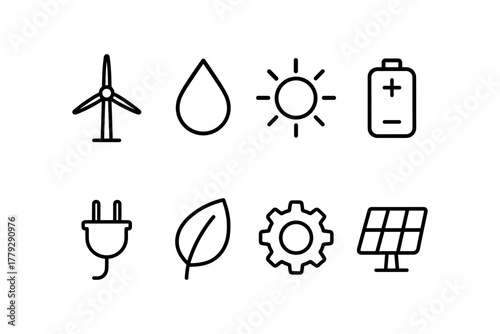 Renewable energy icons: minimalist designs of solar, wind, and sustainable resources