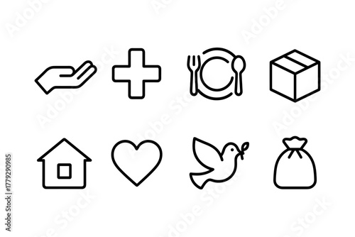 Essential charity and support icons: hand, cross, meal, box, house, heart, dove, bag