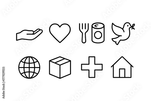 Charity and support icon set featuring essential aid symbols in simple line style