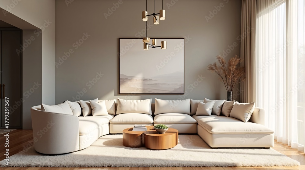 Obraz premium A modern living room with a beige curved sectional sofa, wooden coffee tables, a gold pendant light, landscape art, sheer curtains, and warm natural light.