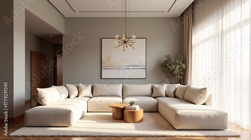 A modern living room with a beige sectional sofa, wooden coffee tables, a sputnik chandelier, abstract art, large windows with sheer curtains, and warm natural light.